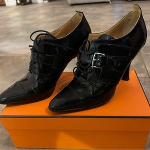 Hermes Black Patent lace up shoe boots with buckle